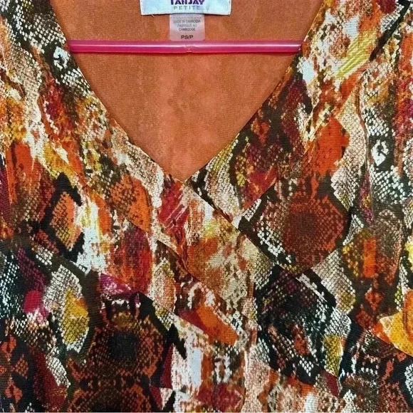 Tanjay Petite Blouse Mesh Ruffles 3/4 Length Sleeves V-Neck Orange Size Small - Picture 2 of 16